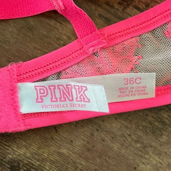 Victorias Secret 36C Bra Pink Tan Floral Lace Padded Push Up Underwire Racerback - Picture 7 of 7